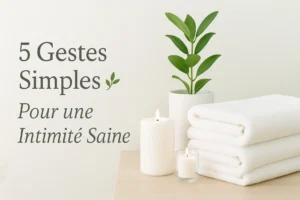 Serviettes, flacon, et feuillage dans une salle de bain zen – texte partiel "Gestes simples..."