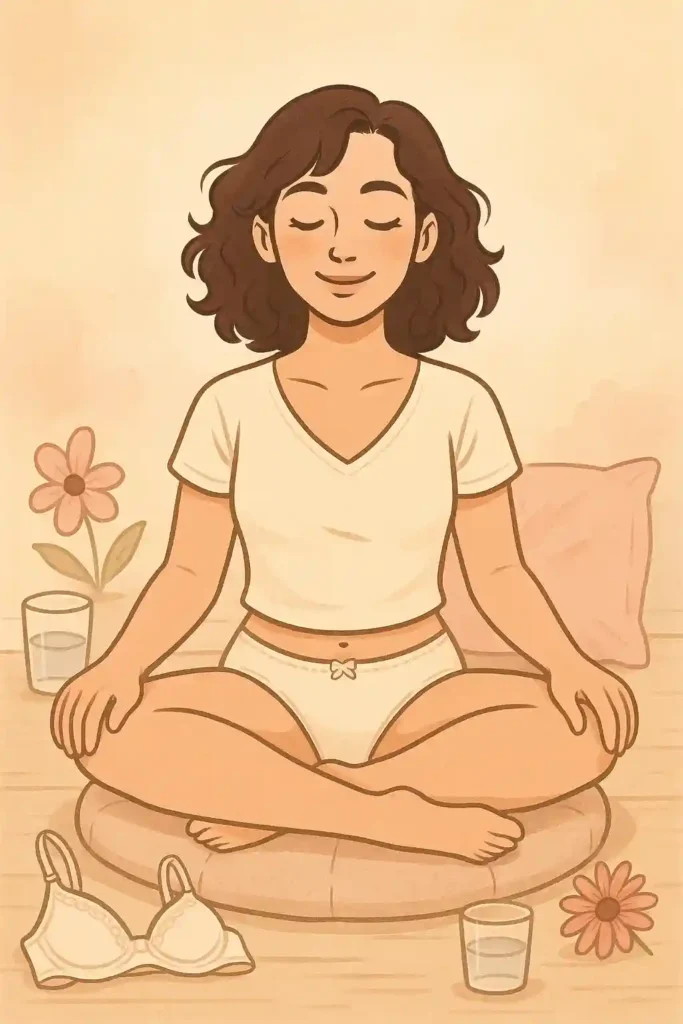 Lou en méditation avec fleurs et verre d’eau