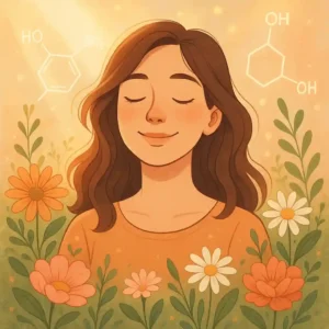 Femme souriante entourée de fleurs