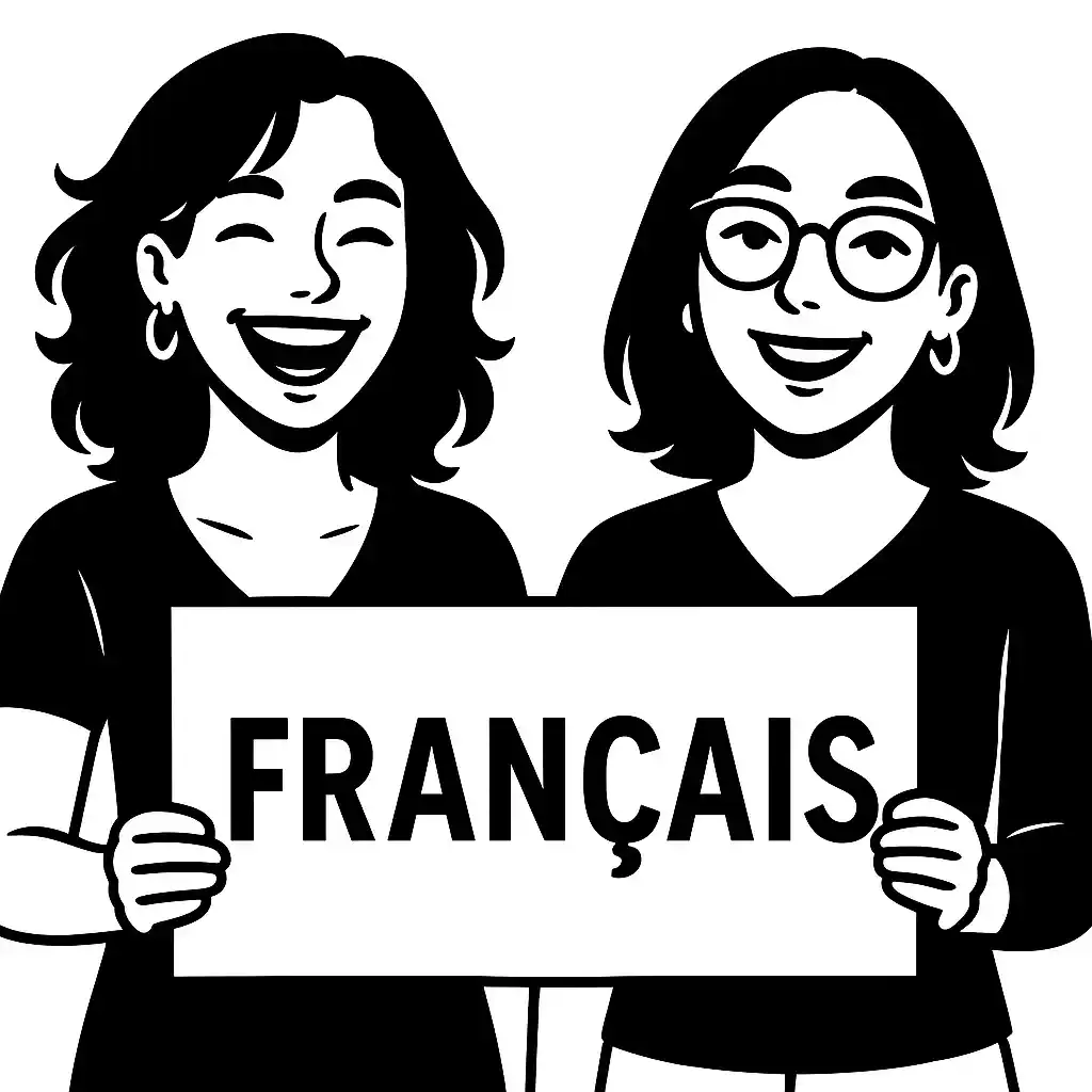 Lou et Chloé tenant une pancarte "FRANÇAIS"