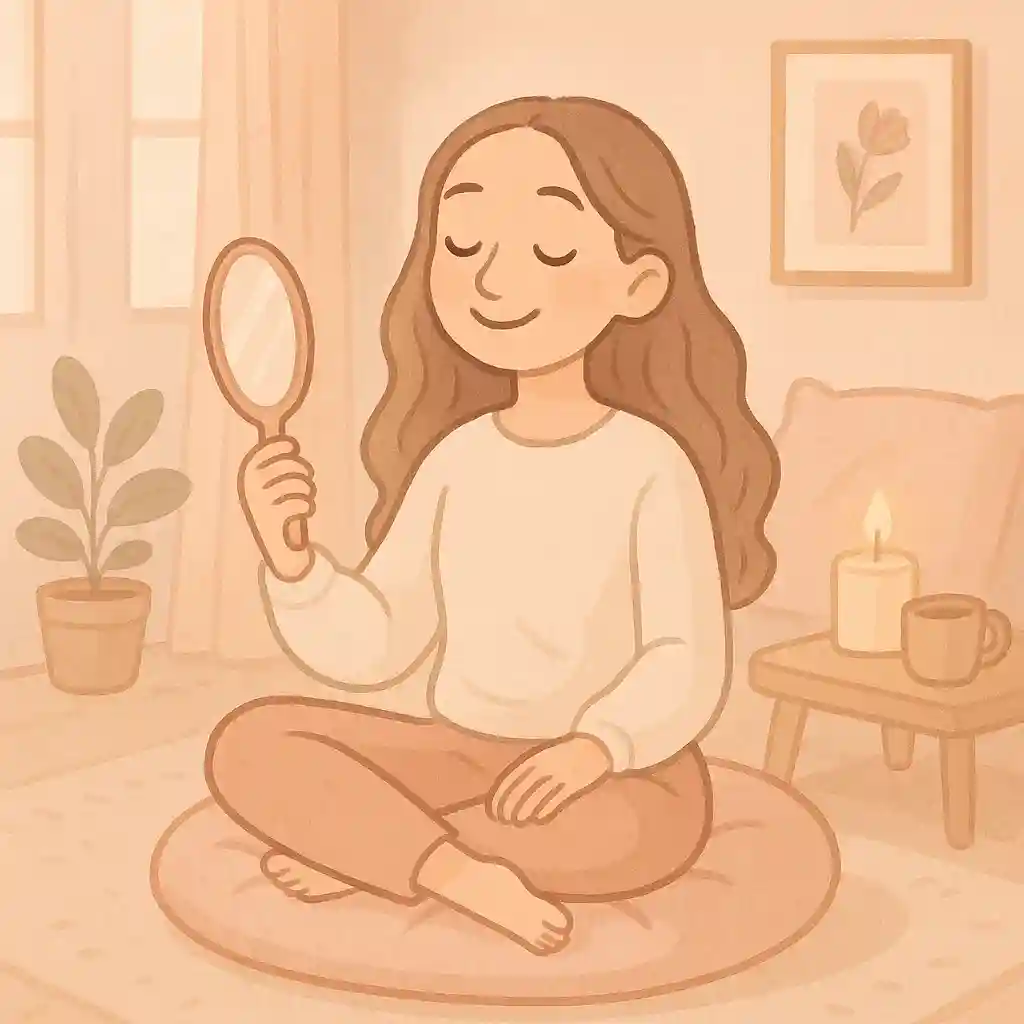Chloé assise en tailleur sur un coussin, se regardant dans un miroir – ambiance bien-être