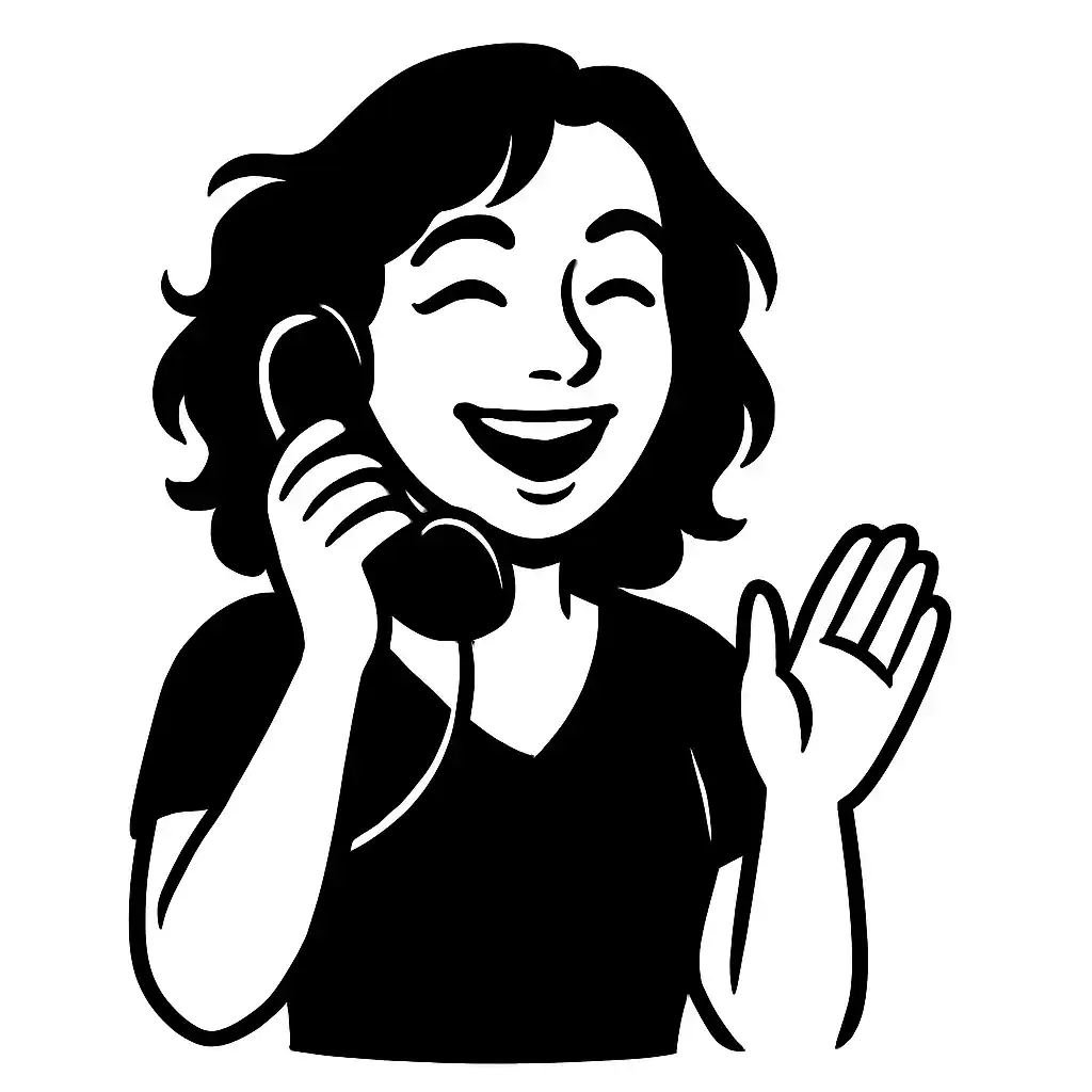 Illustration en noir et blanc de lou souriante au téléphone