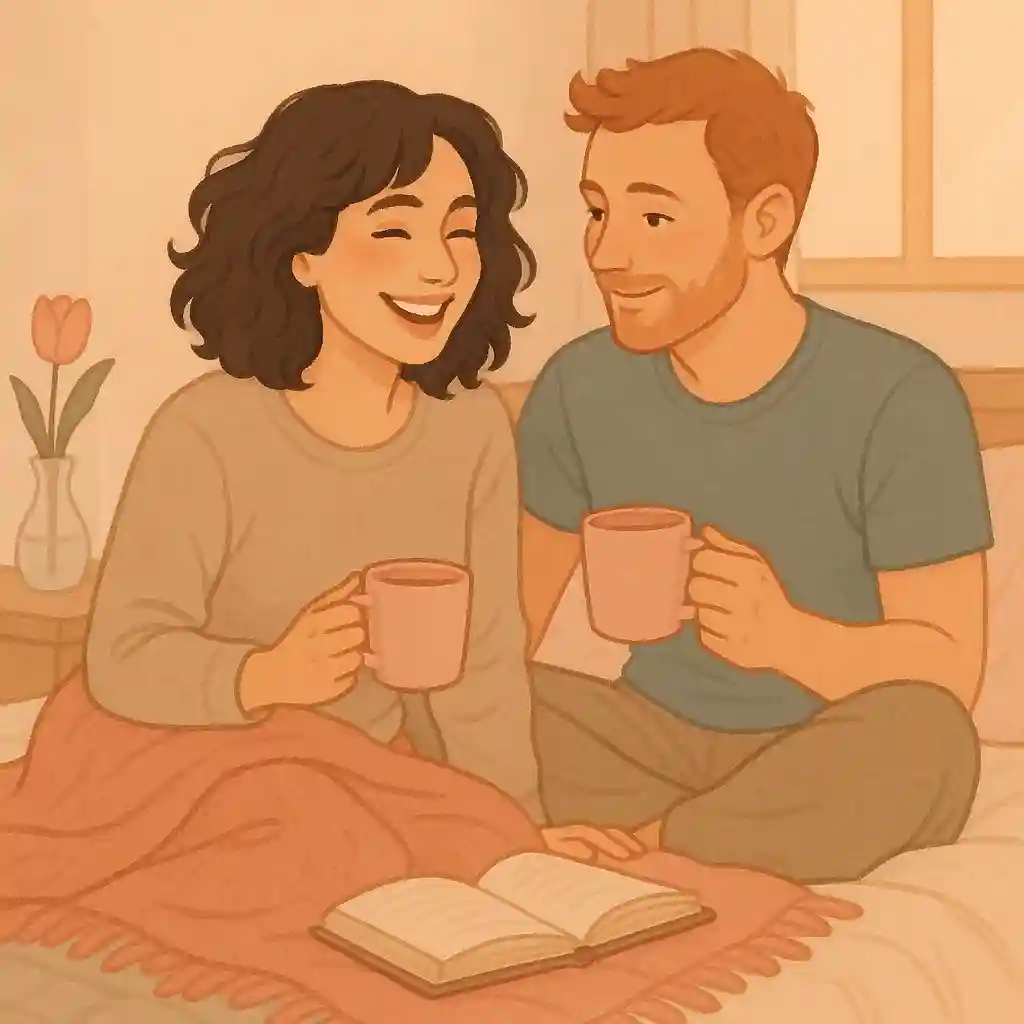 Lou et un homme buvant une tisane ensemble, assis sur un tapis