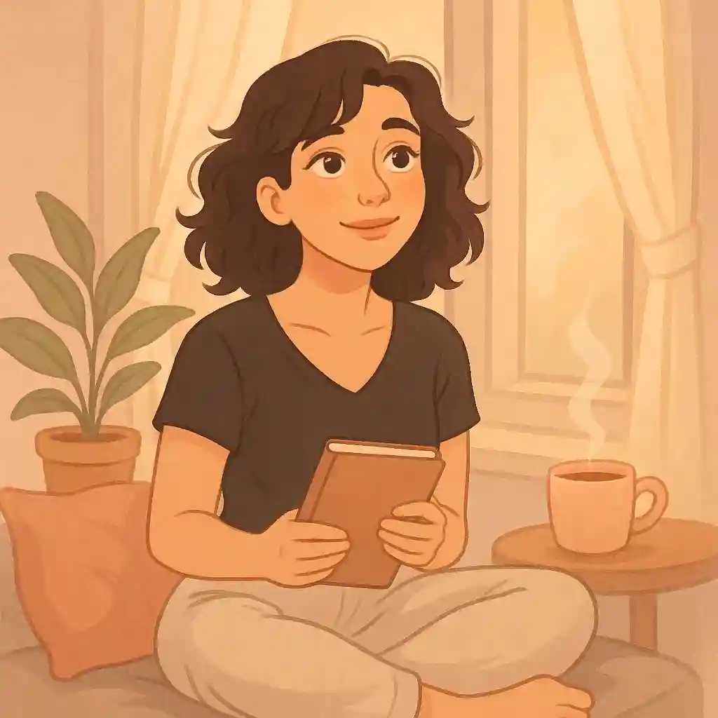Lou apaisée écrivant dans un carnet, ambiance cosy