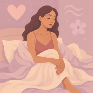 Illustration femme allongée sur un lit dans un cœur